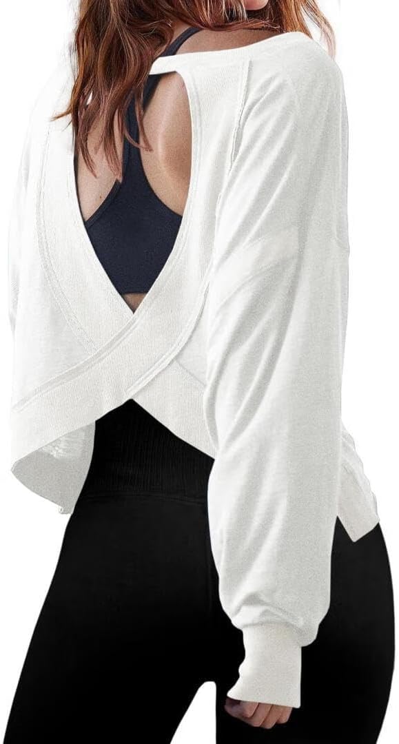 FMCHICO Backless Top for Women Crop Oversized Crewneck Pullovers Casual Loose Long Sleeve Shirts Running Y2k Yoga Outfits