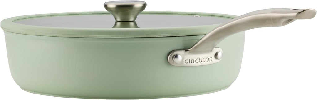 Circulon Halo with LaserDefense Ceramic Nonstick Saute Pan, Helper Handle and Lid, Made without PFAS, Compatible with All Stovetops, Dishwasher & Oven Safe, 5 Quart Multipurpose Nonstick Pan, Sage