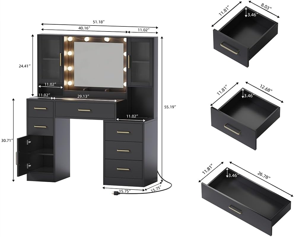 TOKSOM Makeup Vanity Desk with Mirror and Lights, 51' Makeup Vanity with Lights & Charging Station, Dressing Table Vanity Set for Bedroom, Vanity Table with 6 Drawers and 3 Cabinet Black