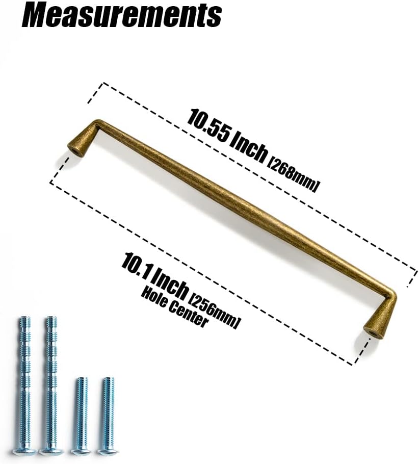 Goo-Ki Vintage Retro Antique Brass Zinc Alloy Cabinet Handles - 10''(256mm) Hole Center Affordable Luxury Cabinet Pull Hardware for Bedroom, Kitchen, 6 Pack……
