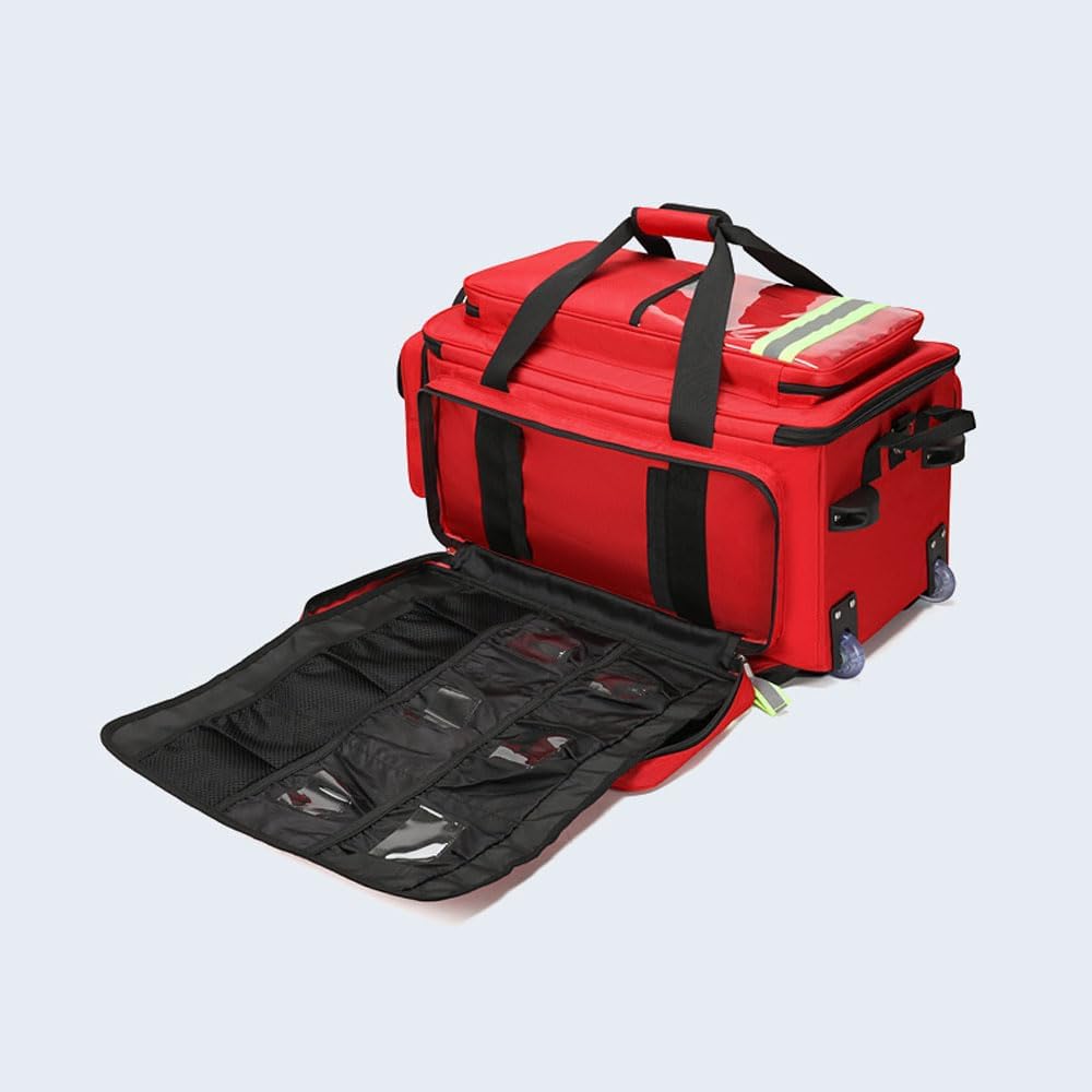 Generic Portable Trolley First Aid Kit Bag with Wheels, Large Capacity Outdoor Emergency Medical Duffle Bag Empty,Medical Trolley Bag with Compartments Removable,Ideal for EMT, EMS, Paramedics, Red