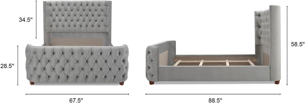 Jennifer Taylor Home Brooklyn Queen Tufted Panel Bed Headboard and Footboard Set, Opal Grey Velvet