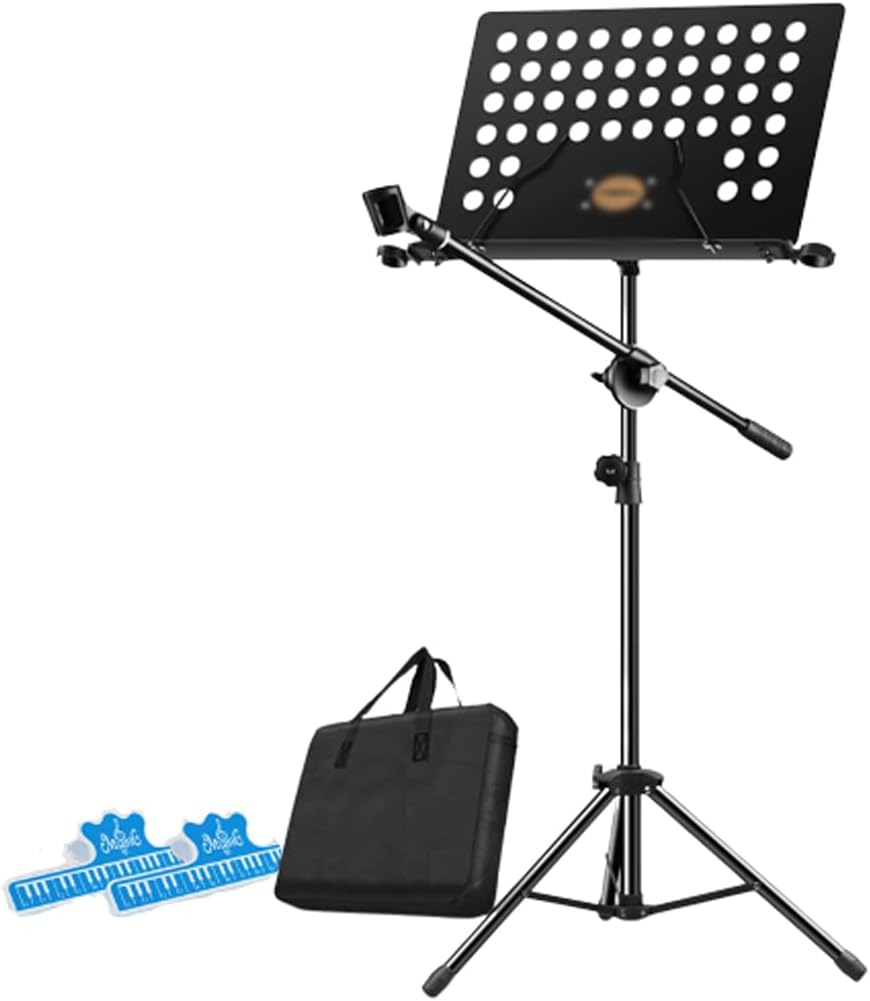 LXX Dual-Use Professional Foldable Sheet Music Stand Book Stand with Microphone Stand Holder and Carry Bag Music Sheet Clip