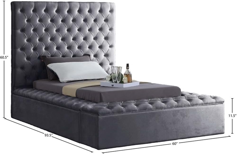 Meridian Furniture Bliss Collection Modern | Contemporary Velvet Upholstered Bed with Deep Button Tufting and Storage Compartments in Rails and Footboard, Gray, Twin