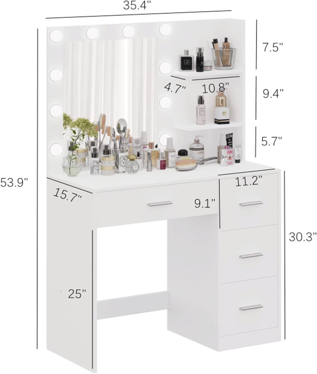 Rovaurx Vanity Desk with Mirror and Lights, Makeup Vanity Table with Storage Shelves and 4 Drawers, Bedroom Dressing Table, 10 LED Lights, 3 Color Modes & Adjustable Brightness, White