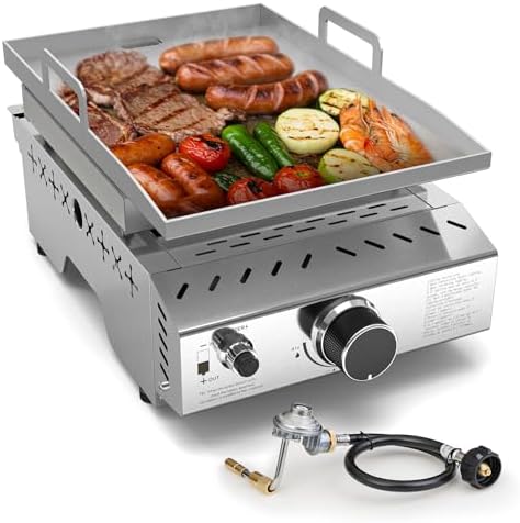 8000BTU Portable Propane Griddle - Stainless Steel Tabletop Gas Grill, One Burner Flat Top for Outdoor Cooking, BBQ, Tailgating, Camping, RVs, Patio – Silver