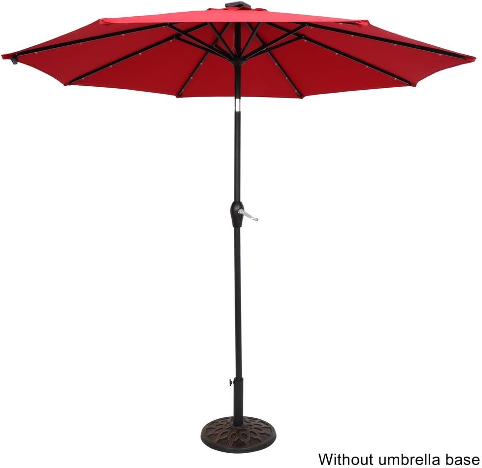 Patio Umbrella 9FT Round Outdoor Market Table Umbrella Waterproof Folding Sunshade Umbrella with Solar LED Light for Outdoor Beach Deck Garden Party Decoration (Without Unbrella Base, Wine Red)