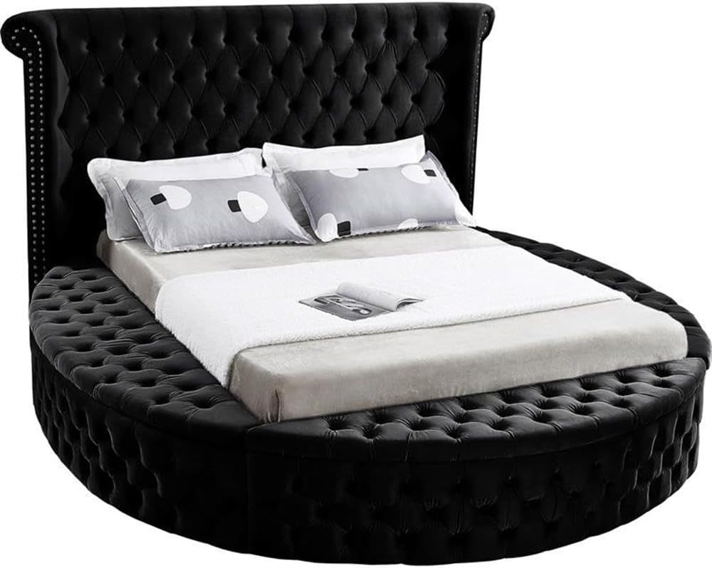 Meridian Furniture Luxus Collection Modern | Contemporary Round Shaped Velvet Upholstered Bed with Deep Button Tufting and Footboard Storage, King, Black