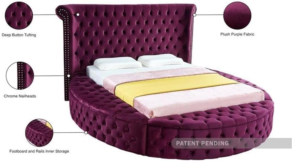 Meridian Furniture LuxusPurple-F Luxus Collection Modern | Contemporary Round Shaped Velvet Upholstered Bed with Deep Button Tufting and Footboard Storage, 87' W x 93.5' D x 56' H, Purple, Full