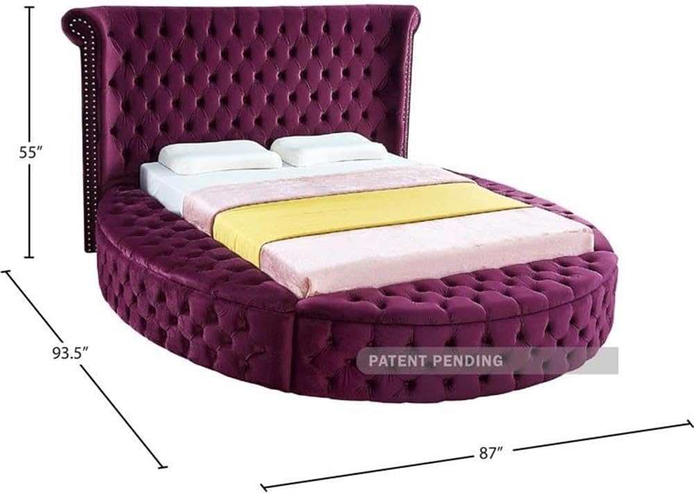 Meridian Furniture LuxusPurple-F Luxus Collection Modern | Contemporary Round Shaped Velvet Upholstered Bed with Deep Button Tufting and Footboard Storage, 87' W x 93.5' D x 56' H, Purple, Full
