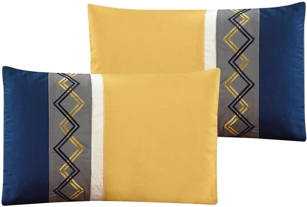 Chezmoi Collection Arden 7-Piece Modern Pleated Stripe Embroidered Zigzag Bedding Comforter Set (Oversized King, Navy/Gray/Yellow/White)