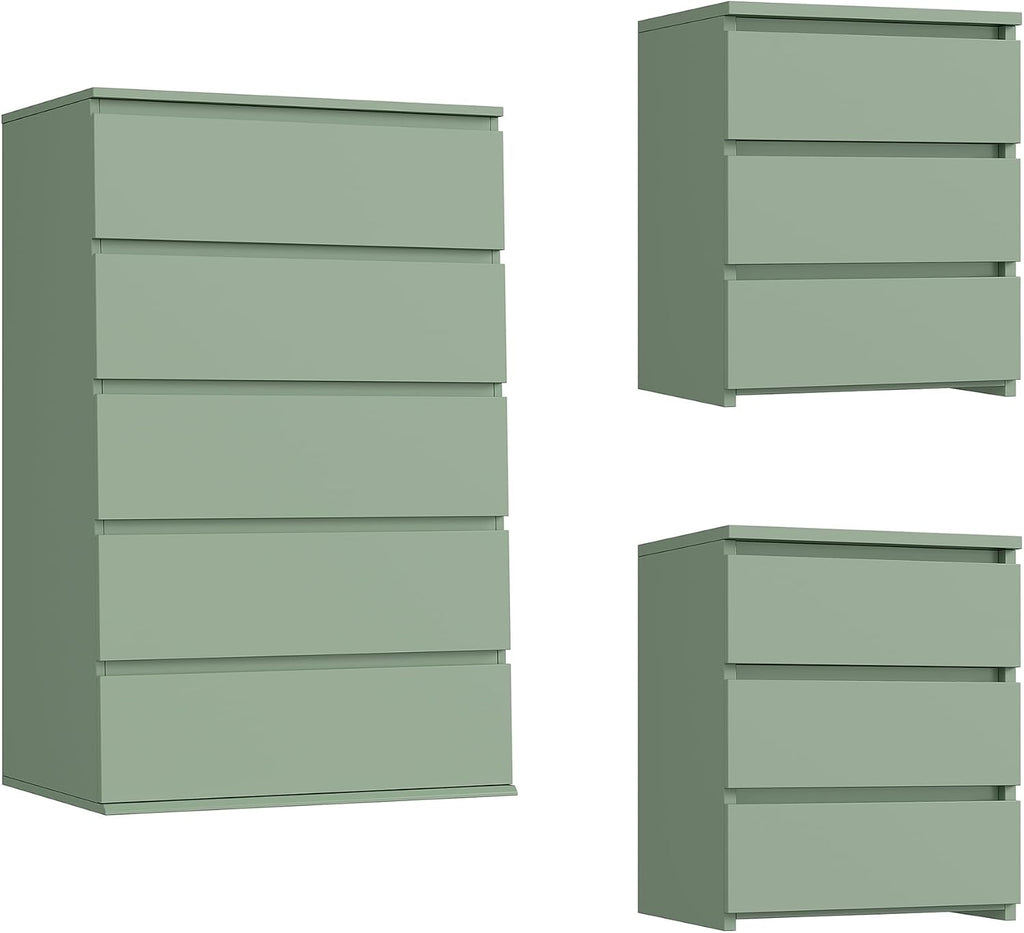 FOTOSOK Bedroom Set, 5 Drawer Dresser and Nightstand Sets for Bedroom, 3 Piece Bedroom Set, Night Stand Set of 2 & White Dresser Set, Chest of Drawers Storage Cabinet Set, Green