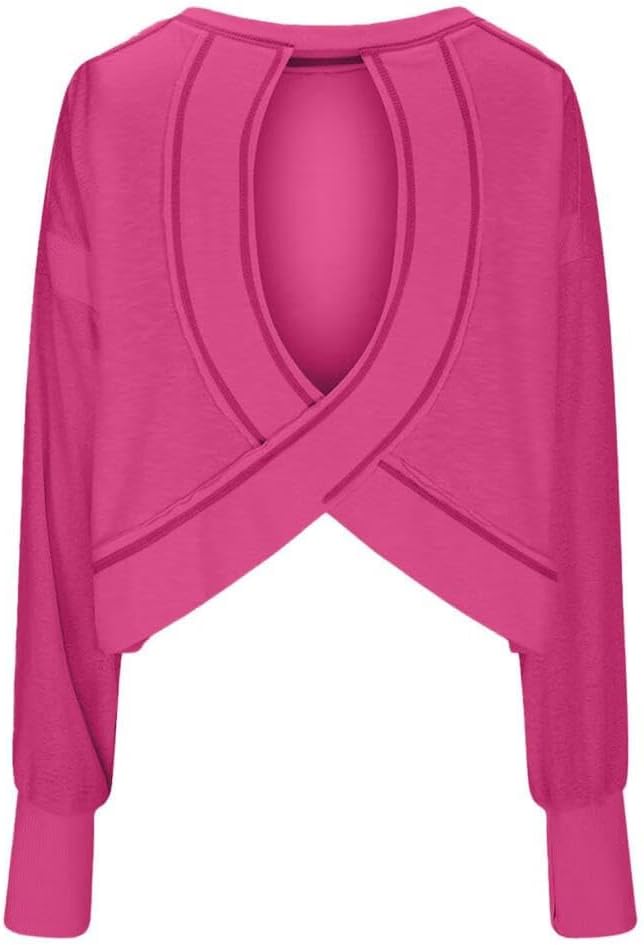 FMCHICO Backless Top for Women Crop Oversized Crewneck Pullovers Casual Loose Long Sleeve Shirts Running Y2k Yoga Outfits