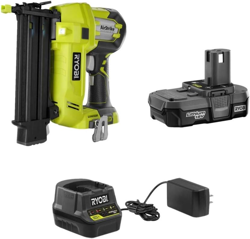 Ryobi 3 Piece 18V One+ Airstrike Brad Nailer Kit (Includes: 1 x P320 Brad Nailer, 1 x P190 18-Volt ONE+ 2.0 Ah lithium-ion battery, P118 dual chemistry charger (Renewed)