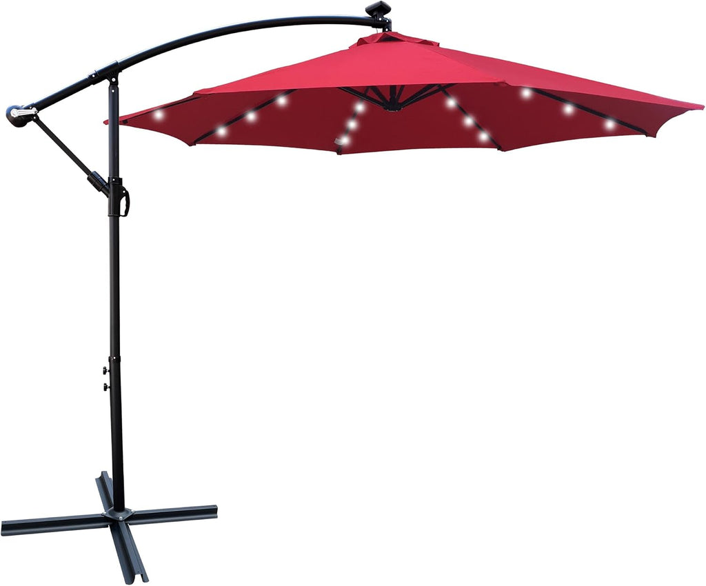 10ft 8 Ribs Outdoor Patio Umbrella with 24 LED Lights, Solar Powered Lighted Sun Shade Market Umbrella with Crank and Cross Base, for Garden Deck Backyard Pool Deck Swimming Pool