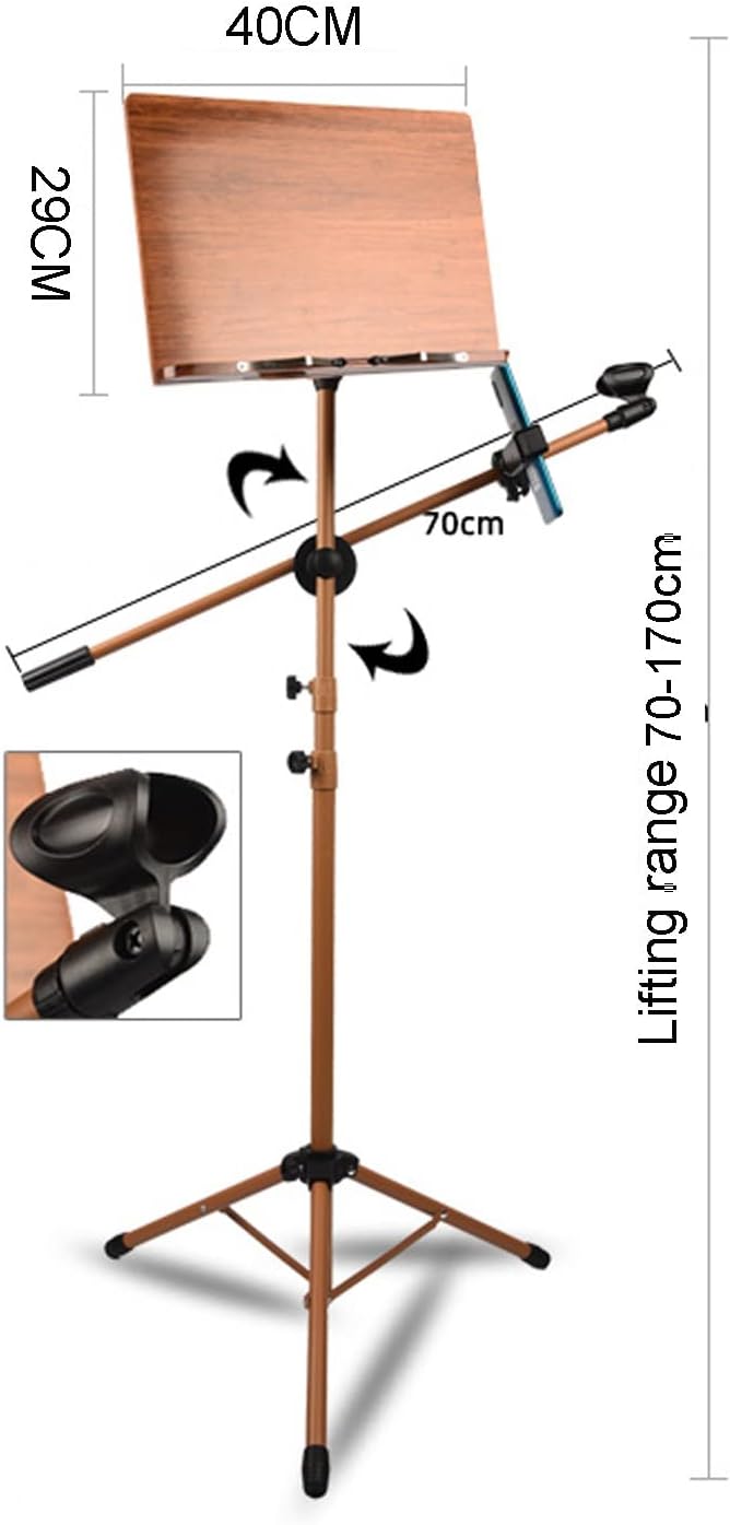 Dual-use Sheet Music Stand & Desktop Book Stand, Guitar Music Stand, Not Easy to Collapse Or Shake, and Beautiful, Music Stand with Phone Holder Microphone Hold，Wood 17cm*45cm*75cm