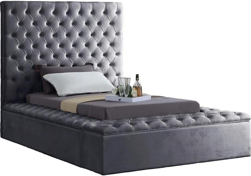 Meridian Furniture Bliss Collection Modern | Contemporary Velvet Upholstered Bed with Deep Button Tufting and Storage Compartments in Rails and Footboard, Gray, Twin