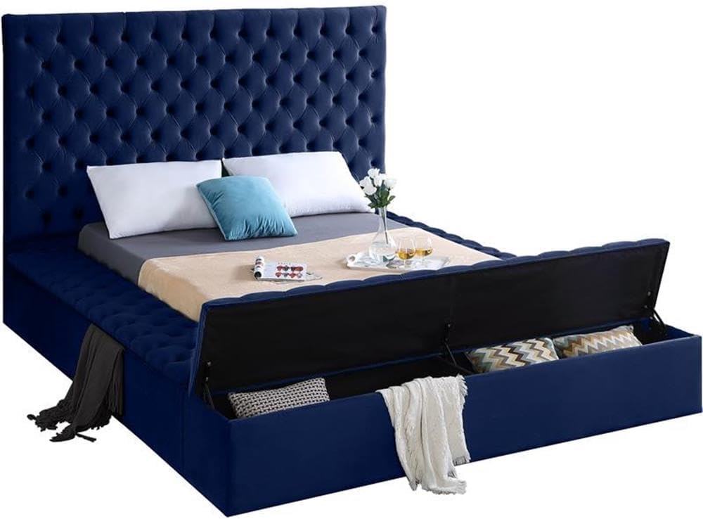 Meridian Furniture Bliss Collection Modern | Contemporary Velvet Upholstered Bed with Deep Button Tufting and Storage Compartments in Rails and Footboard, Queen, Navy