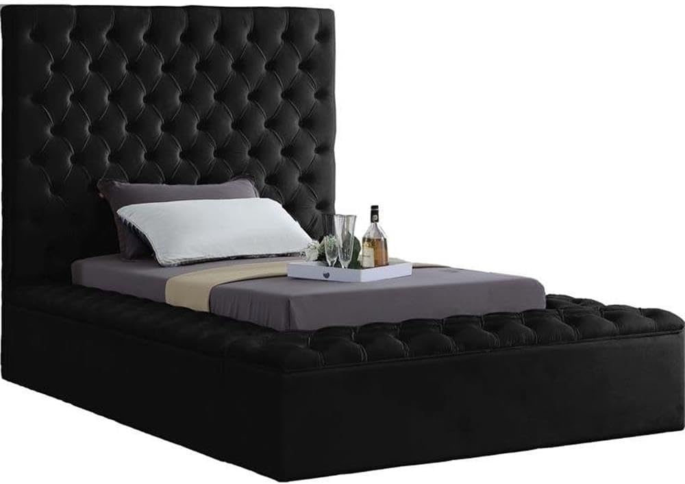Meridian Furniture Bliss Collection Modern | Contemporary Velvet Upholstered Bed with Deep Button Tufting and Storage Compartments in Rails and Footboard, Black, Twin