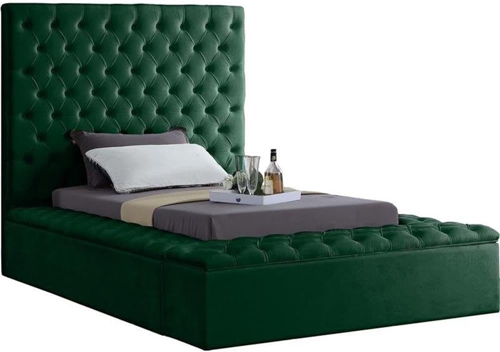 Meridian Furniture Bliss Collection Modern | Contemporary Velvet Upholstered Bed with Deep Button Tufting and Storage Compartments in Rails and Footboard, Green, Twin