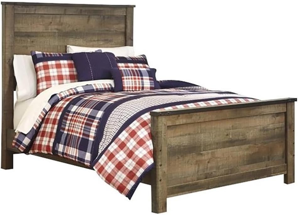 BOWERY HILL Farmhouse Wood Full Size Panel Bed, Brown Finish, 53.82' H x 57.32' W x 82.99' D, Includes Headboard, Footboard, Rails, Wooden Slats, Indoor Bedroom Platform Bed Frame