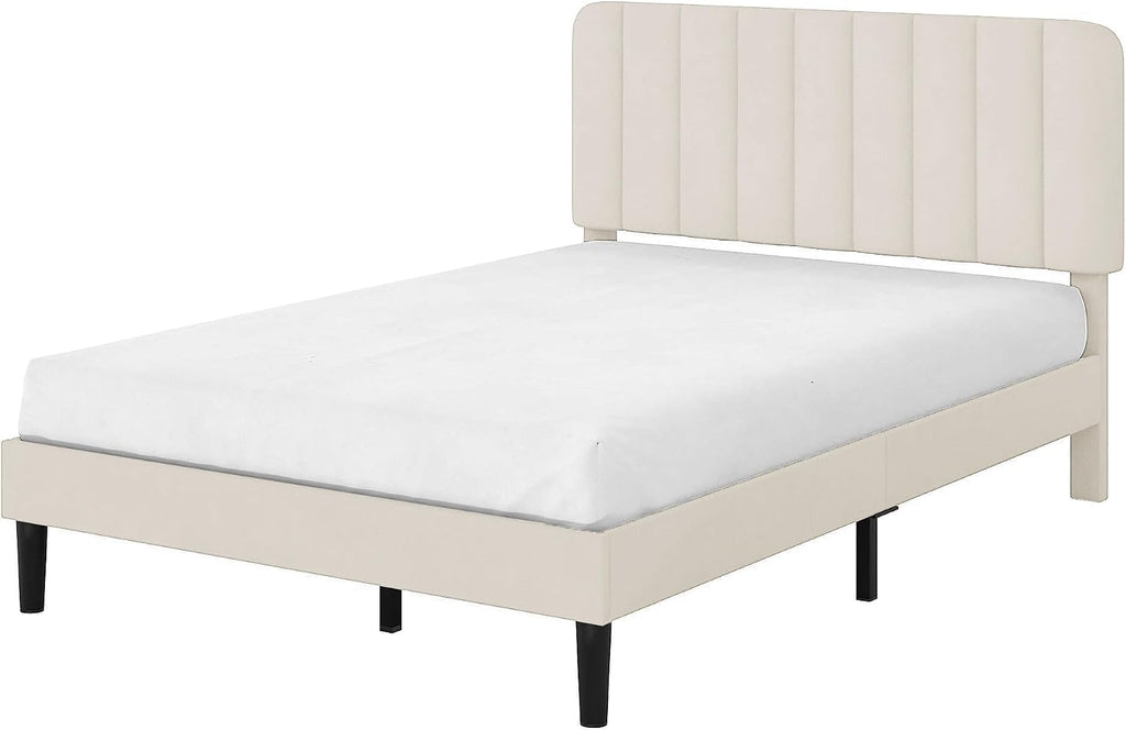 VECELO Full Size Bed Frame with Upholstered Headboard, Velvet Platform Bedframe Mattress Foundation, Strong Wood Slat Support, No Box Spring Needed,Bone Beige