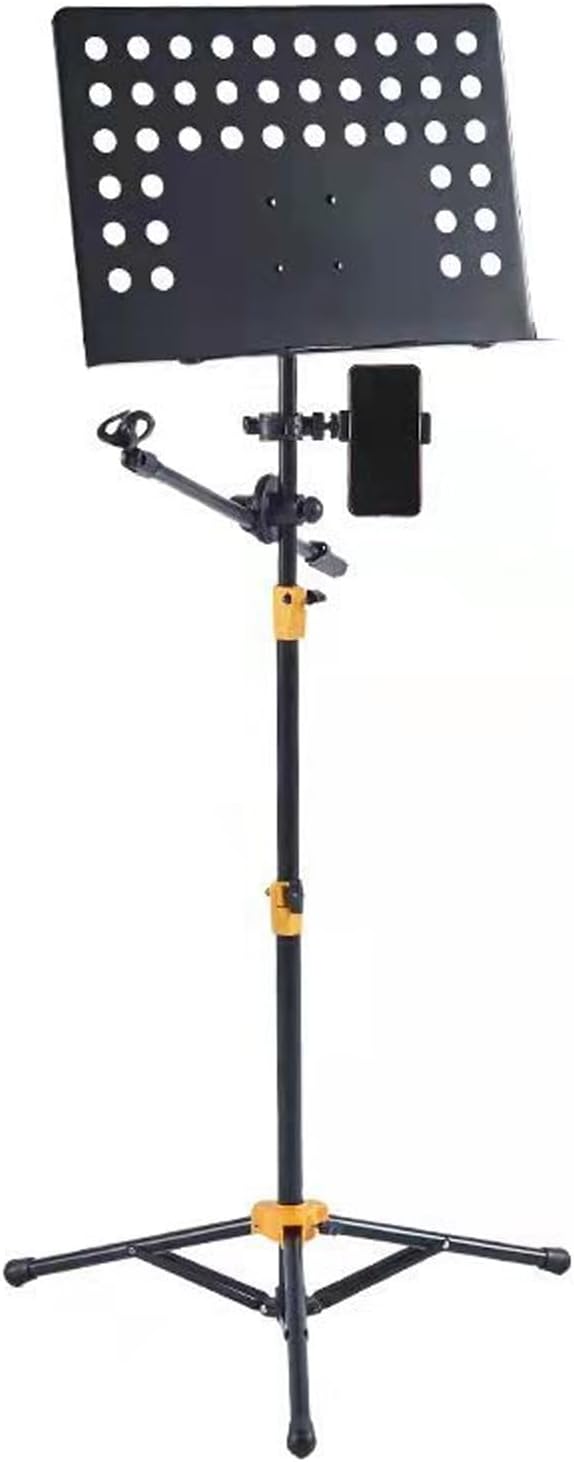 Sheet Music Stand Portable, Music Book Holder with Phone Holder & Microphone Stand, Foldable Tripod, Foldable and Height-Adjustable, for Instrumental Performance & Band & Travel