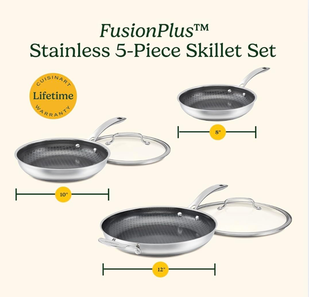 Cuisinart FusionPlus Hybrid Stainless Steel Cookware Set, 5-Piece Skillet Cooking Set with PFAS-Free PURELYSEAR CeramicT echnology, Scratch Proof, Cool Grip Handles, Dishwasher Safe