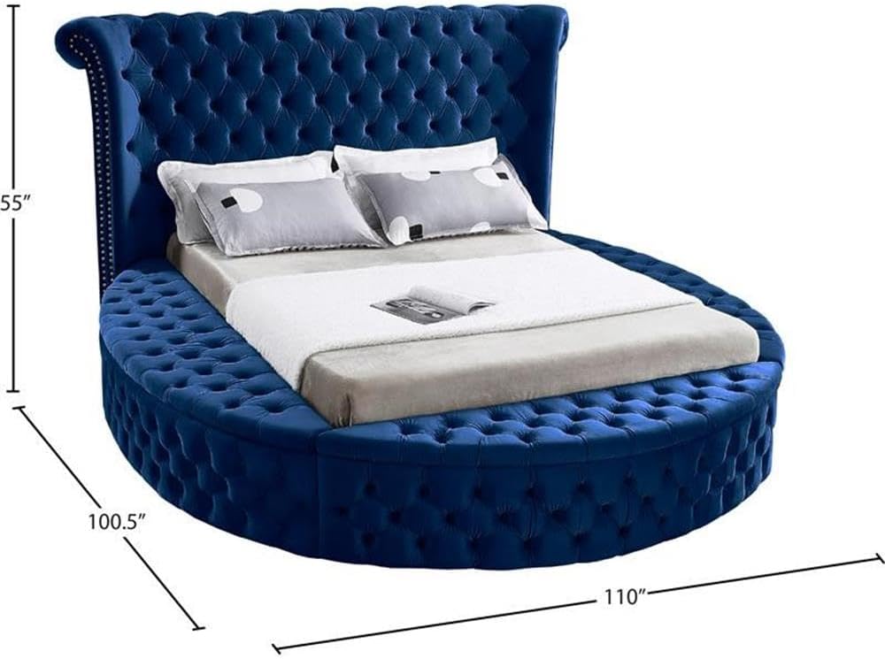 Meridian Furniture Luxus Collection Modern | Contemporary Round Shaped Velvet Upholstered Bed with Deep Button Tufting and Footboard Storage, King, Navy