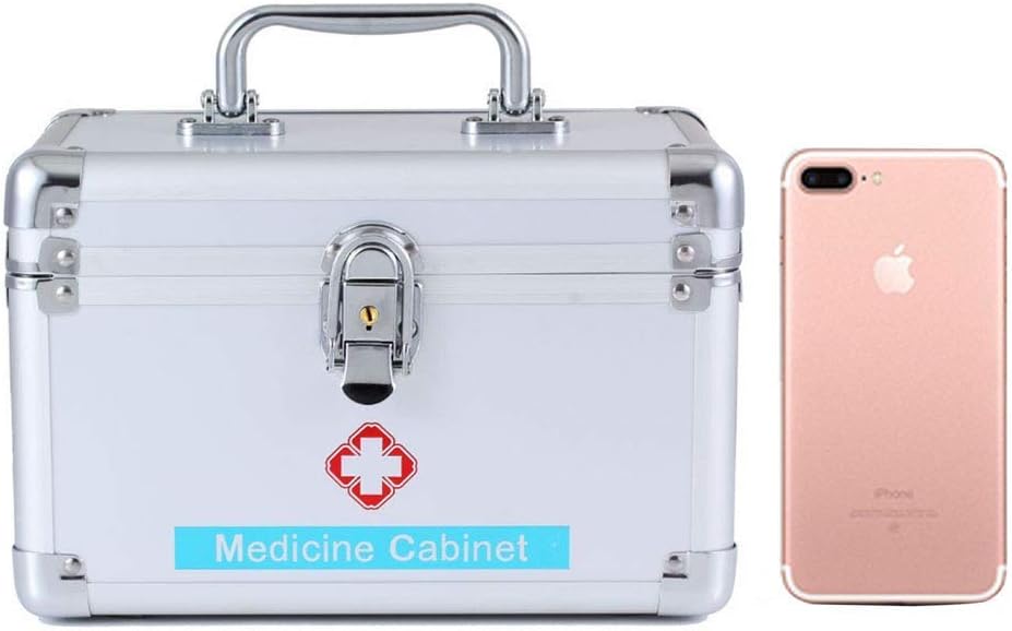 First Aid Kit Lockable Emergency Box Survival Kits Security Lock Medicine Storage Carrying Case with Portable Handle 24.5 × 16 15cm(Silver)