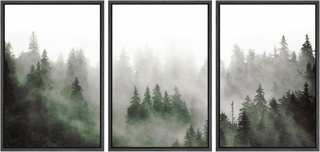 SIGNWIN Framed Canvas Print Wall Art Woodland Nursery Decor Set Fog & Mist Over Green Pine Tree Forest Nature Wilderness Modern Art Chic Landscape for Living Room, Bedroom, Office - 16'x24'x3 Black