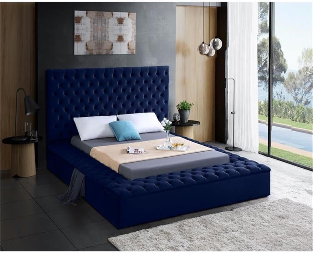 Meridian Furniture Bliss Collection Modern | Contemporary Velvet Upholstered Bed with Deep Button Tufting and Storage Compartments in Rails and Footboard, Queen, Navy