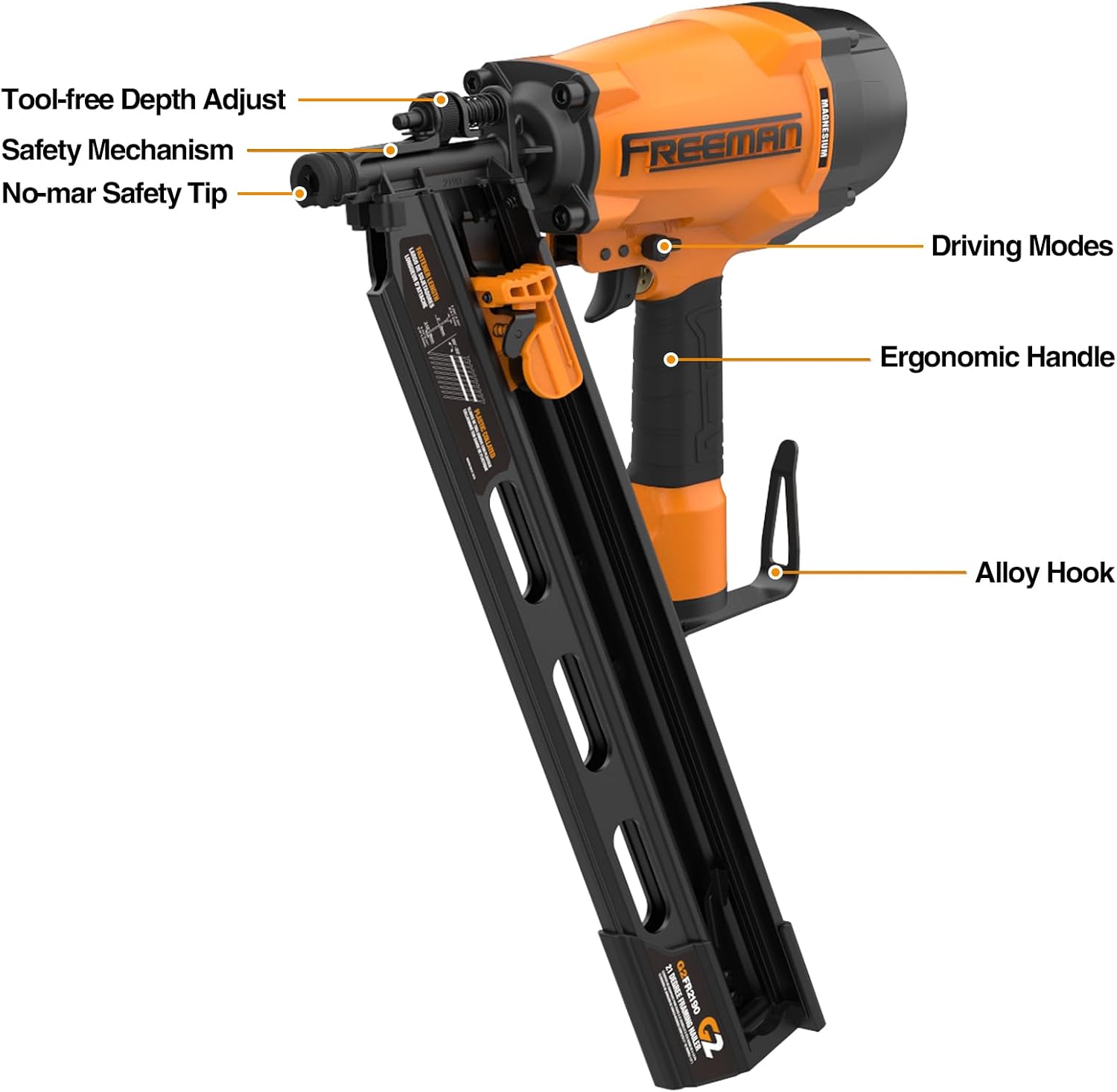 Freeman G2FR2190 2nd Generation Pneumatic 21 Degree 3-1/2' Framing Nailer with Adjustable Metal Belt Hook and 1/4' NPT Air Connector