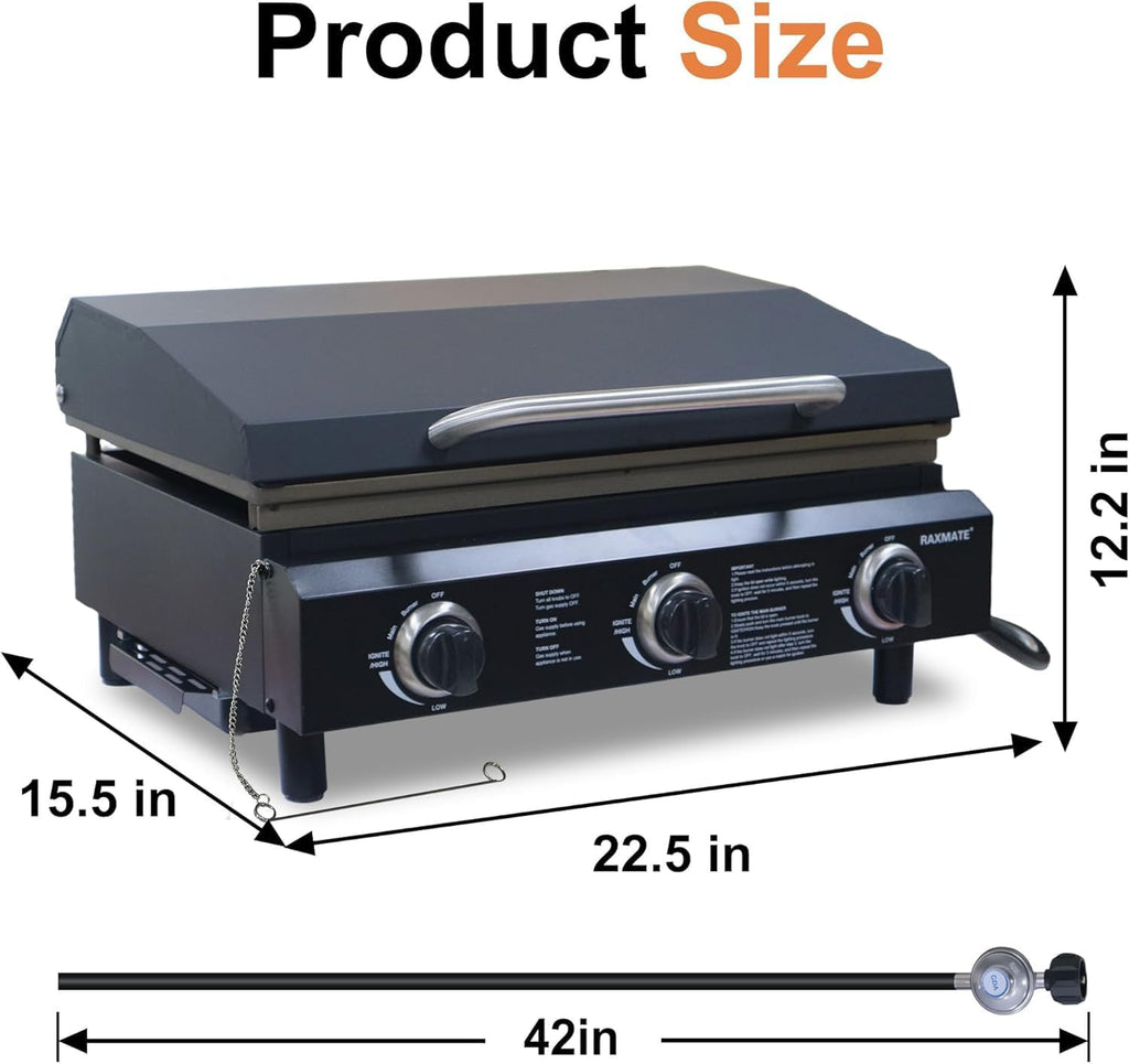 Flat Top Gas Griddle with Lid, 22 Inch 3 Burners Outdoor Portable Propane Gas Grill, 30,000 BTU Tabletop BBQ Griddle for Camping, RV, Tailgating