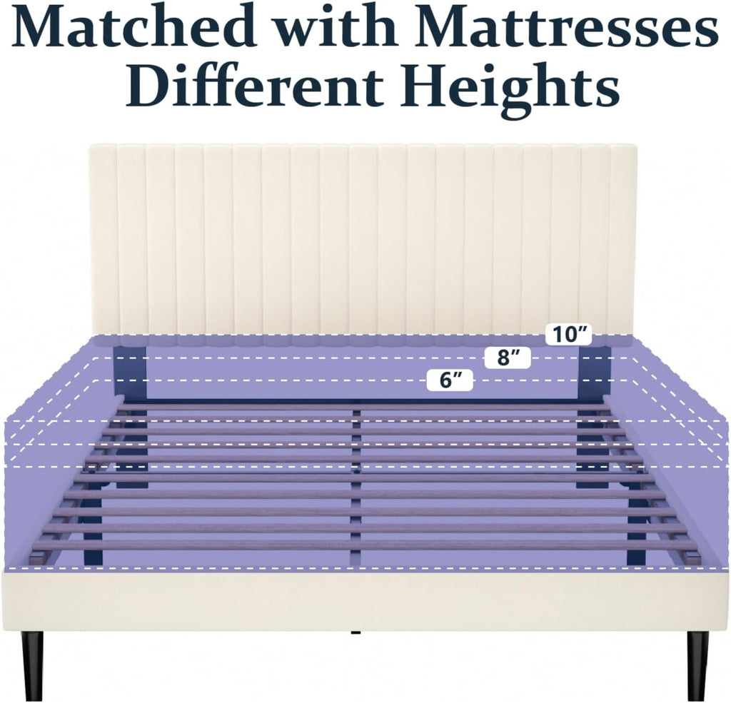 HAOARA Queen Size Platform Bed Frame with Velvet Upholstered Headboard, Queen Bed Frame with Strong Wood Slats, Box Spring Optional, Mattress Foundation, Easy Assembly Beige