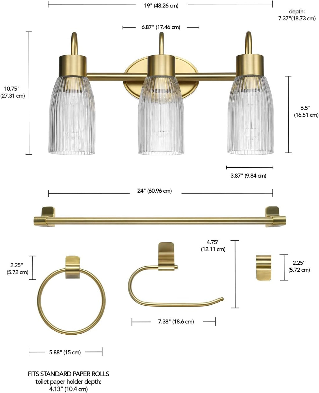Globe Electric 63000208 5-Piece All-in-One Bathroom Accessory Set with 19' 3-Light Vanity Light, Matte Brass, Ribbed Glass Shades, Towel Bar, Robe Hook, Toilet Paper Holder, Towel Ring, Powder Room
