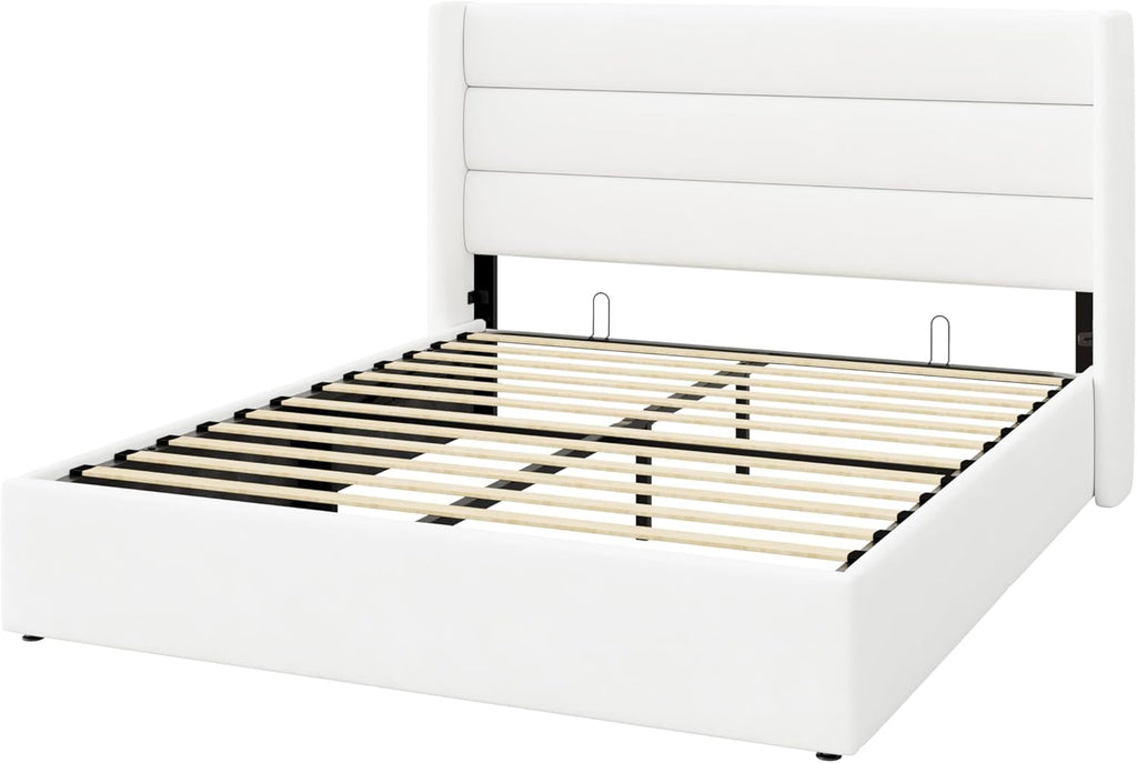 SHA CERLIN Full Size Lift Up Storage Bed/Velvet Upholstered/Modern Wingback Headboard/Upholstered Platform Bed Frame/Hydraulic Storage/No Box Spring Needed/White