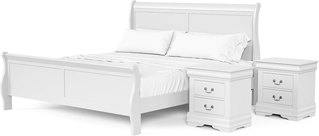 Furniture of America Louis Philippe Traditional Solid Wood 3 Piece Bedroom Set, King Bed Frame and Nightstands Set of 2, Sleigh Design Bedframe with Headboard and Footboard, Box Spring Needed, White