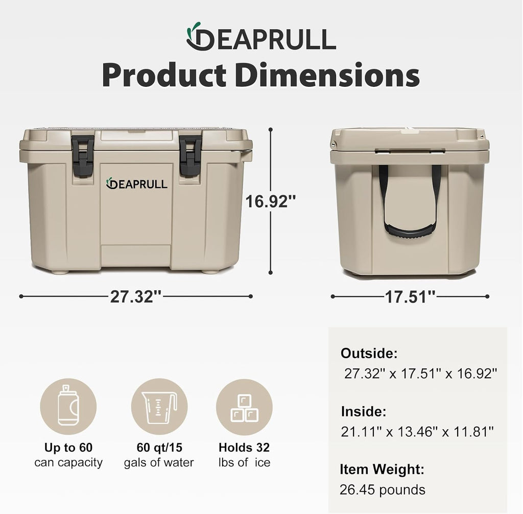 Hard Cooler, Insulated Ice Chest Box Holds Ice for More Days, Portable Cooler with Handle, Cup Holders, Double Latches for Camping Drink, Beach, Picnic, Fishing, Boat, Barbecue
