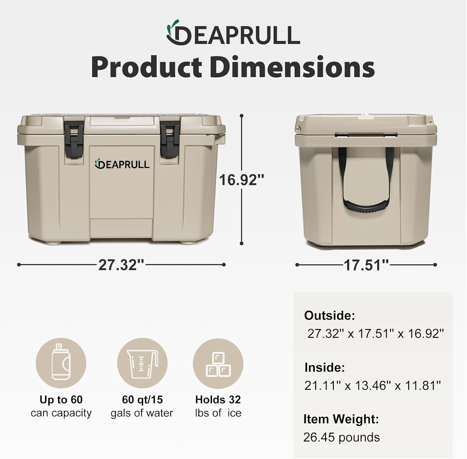 Hard Cooler, Insulated Ice Chest Box Holds Ice for More Days, Portable Cooler with Handle, Cup Holders, Double Latches for Camping Drink, Beach, Picnic, Fishing, Boat, Barbecue