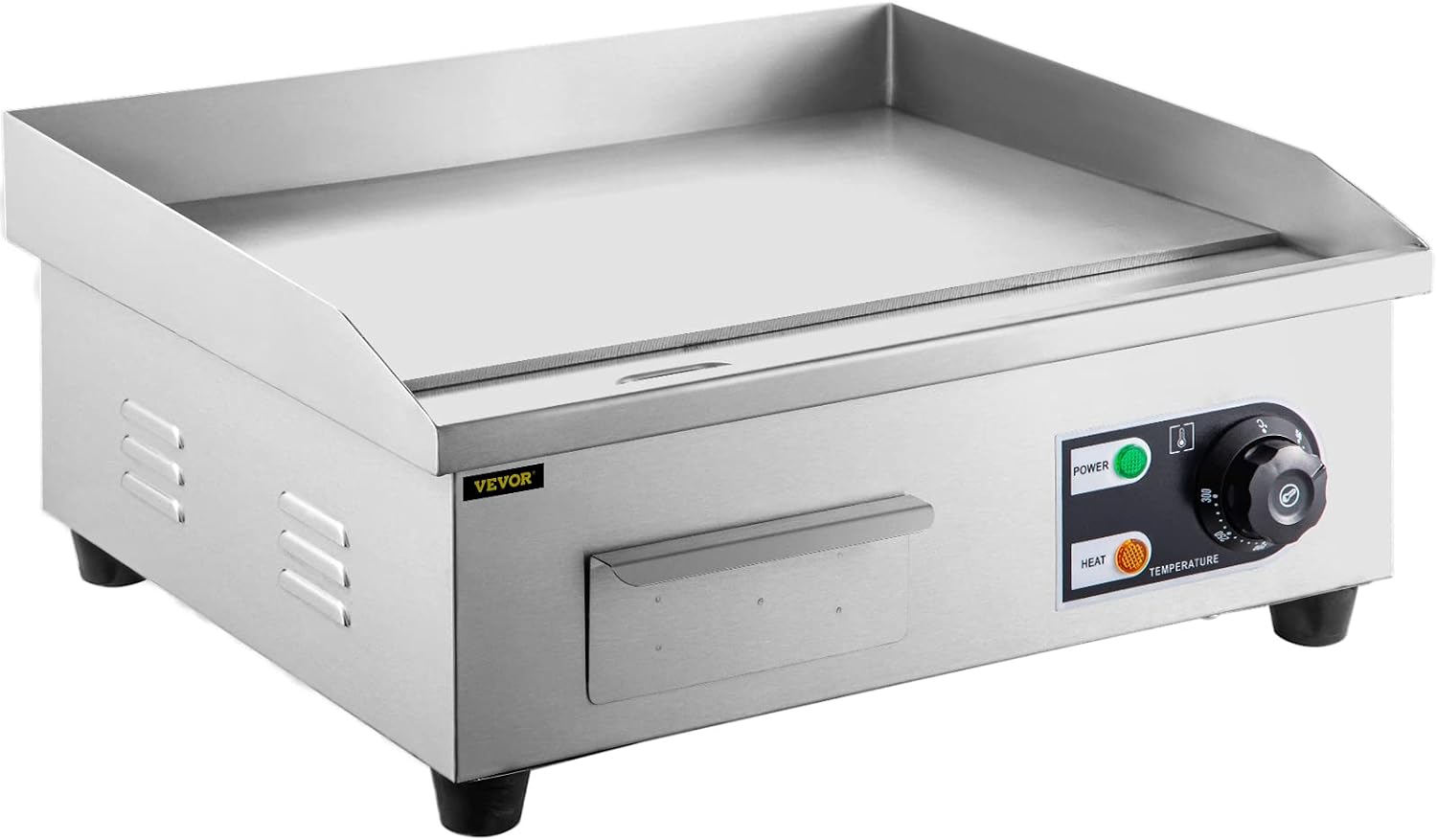 VEVOR Commercial Electric Griddle, 18' Teppanyaki Grill, 1600W Electric Flat Top Grill, Stainless Steel Electric Countertop Griddle w/Drip Hole, 50-300℃ Countertop Griddle for Pancake (No Plug)