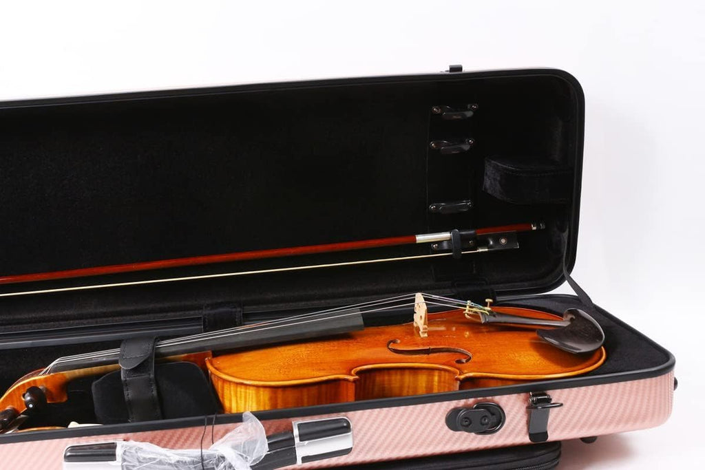Violin case 4/4 Full size High strength Carbon fiber hard shell Durable handles Internal storage with Backpack straps Music Sheet bag (Rose gold,Buckle lock)