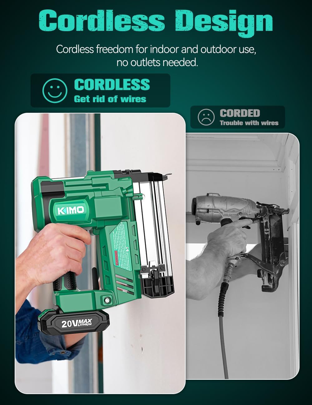 KIMO 2' Brad Nailer Cordless 18 Gauge w/ 20V Battery 2.0Ah X 2, 1000pcs Nails and Staples, 2 Firing Modes,180 Nails/min, Adjustable Nailing Depth, 2 in 1 Cordless Nail Gun and Stapler for DIY Project