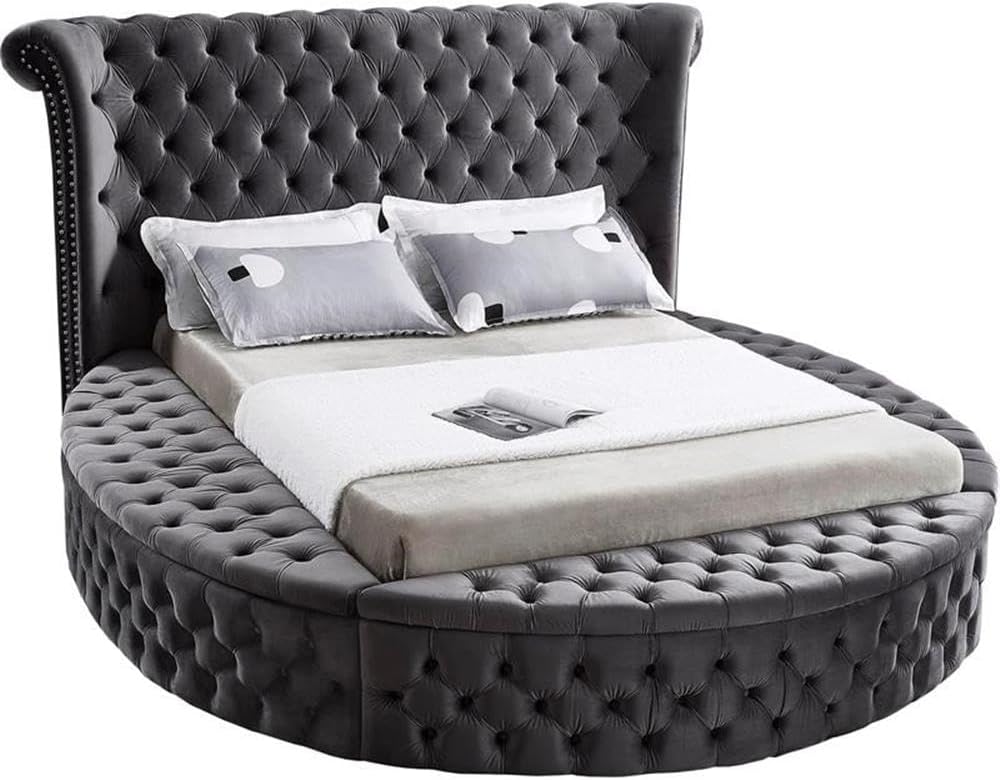 Meridian Furniture Luxus Collection Modern Contemporary Round Shaped Velvet Upholstered Bed with Deep Button Tufting and Footboard Storage, King, Grey