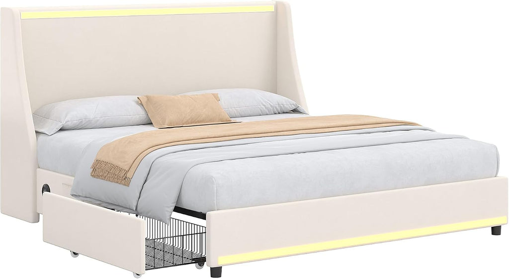 VECELO Queen Size Bed Frame with Storage Drawers, Upholstered Platform Bedframe with Wingback Headboard, No Box Spring Needed, Beige