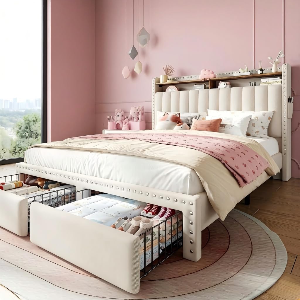 EnHomee Full Size Upholstered Bed Frame with 2 Storage Drawers and 2-Tier Headboard, Vertical Tufted Headboard Design, Extra Storage Space for Bedroom Apartment, Beige