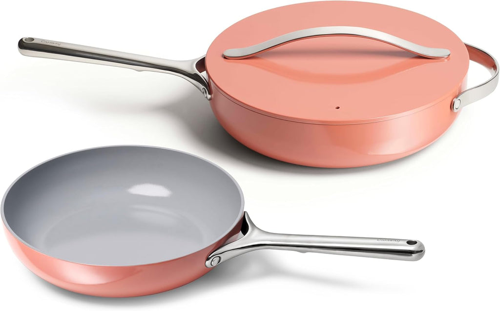 Caraway Fry Pan and Sauté Pan Duo - 10.5' Ceramic Frying Pan and 11.8' Deep Sauté Pan with Lid - Non Stick, Non Toxic, Oven Safe - Perracotta