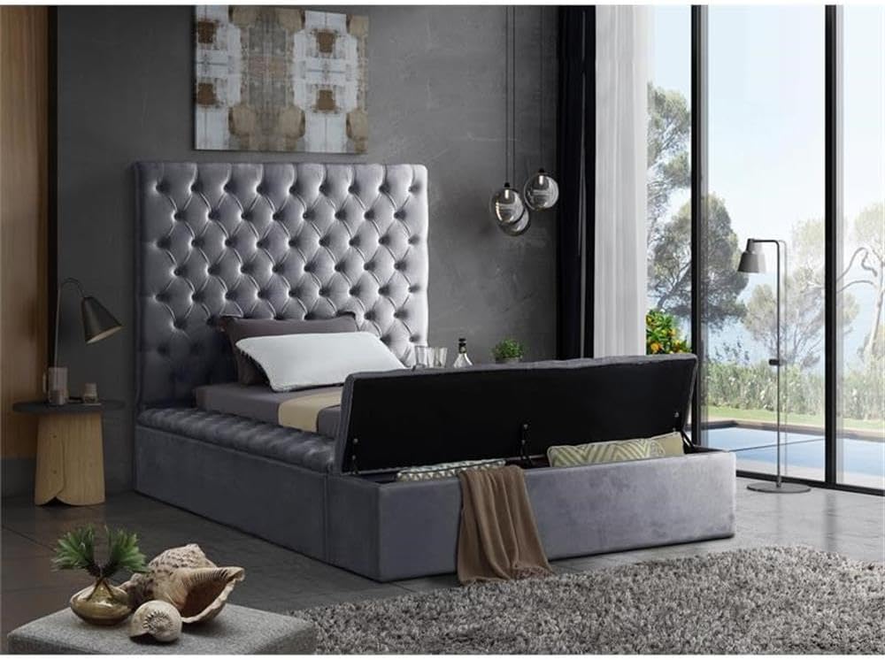 Meridian Furniture Bliss Collection Modern | Contemporary Velvet Upholstered Bed with Deep Button Tufting and Storage Compartments in Rails and Footboard, Gray, Twin
