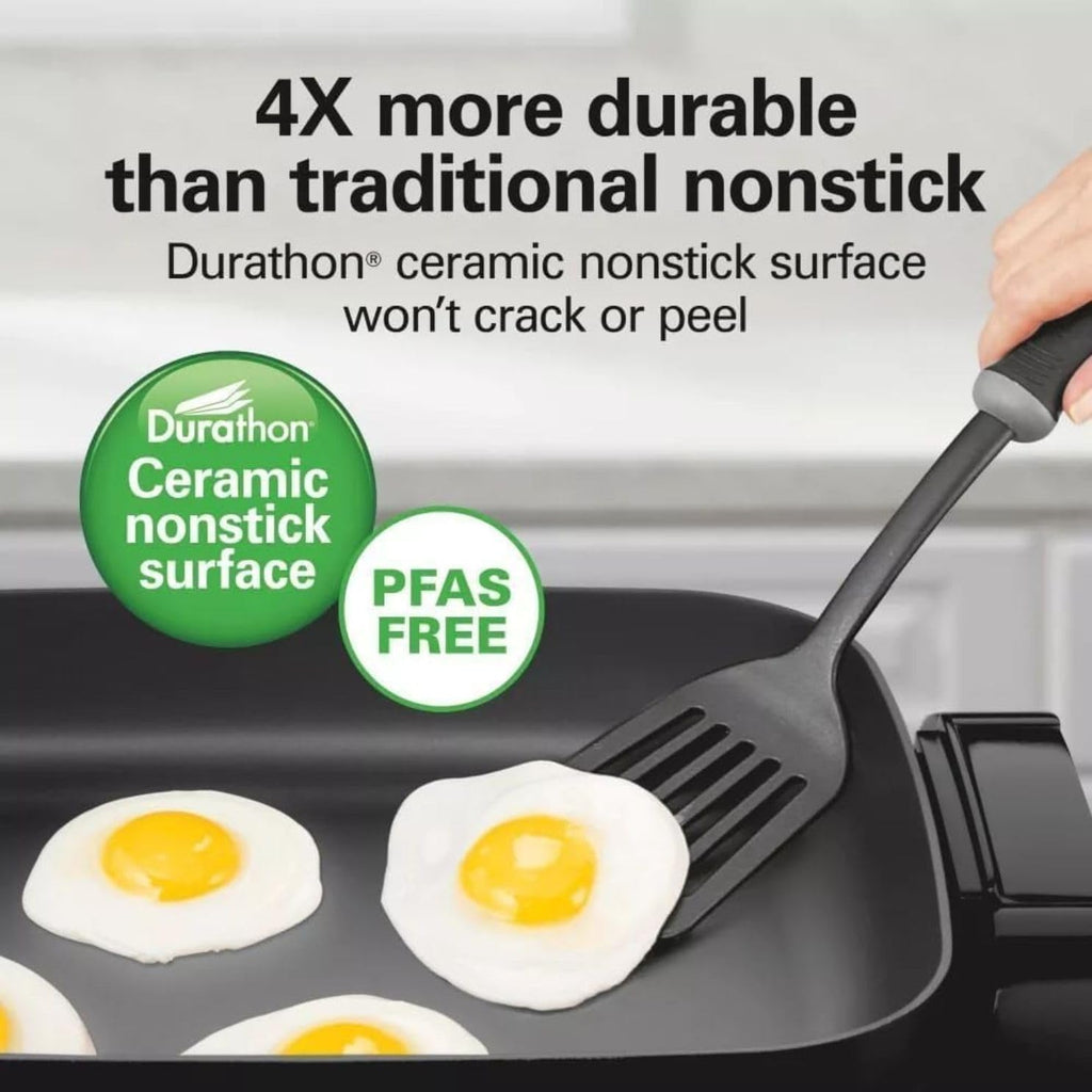 Hamilton-Beach 20.5' x 12.5' x 7.5' Durathons Ceramic Reversible Nonstick Electric Skillet, Large Cooking Surface, Adjustable Temperature Control, Easy Cleaning, Glass Lid, Black