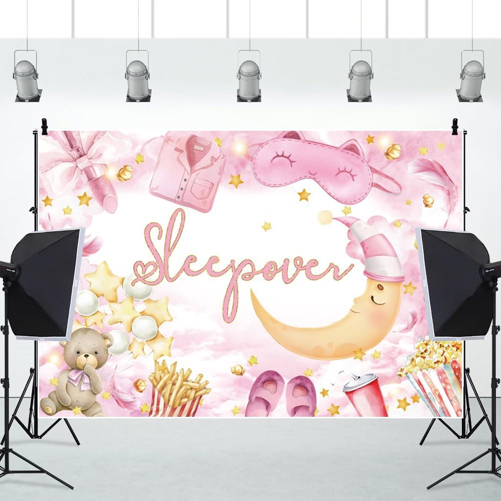 20x10ft Happy Birthday Backdrop Sleepover Party Background Movie Night Slumber Party Birthday Party Decorations Colorful Pajama Girls Pillow Fight Theme Spa Makeup Night Pink Banner Supplies